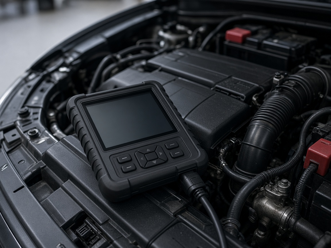 Ruční diagnostický přístroj položený v motorovém prostoru automobilu s připojeným kabelem.
