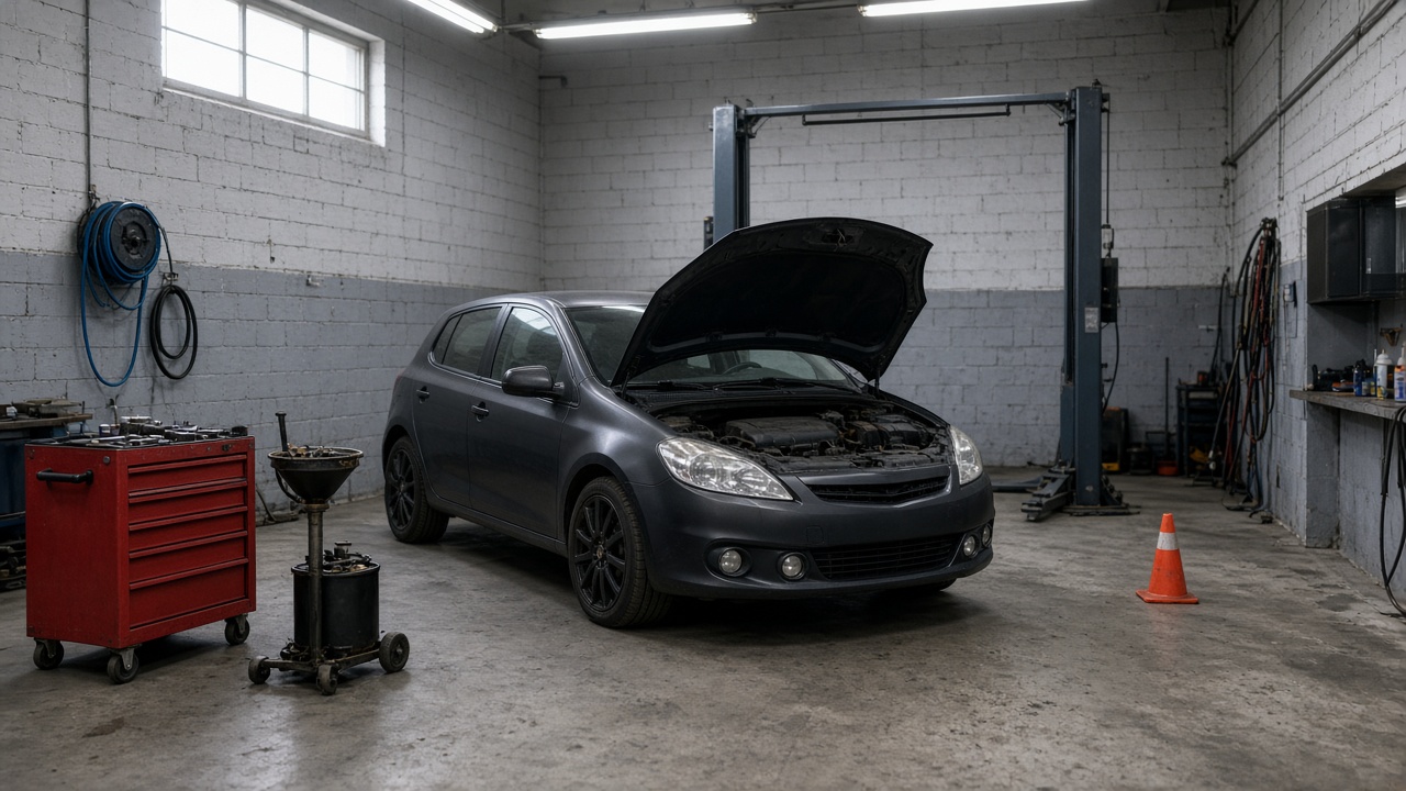 Osobní automobil s otevřenou kapotou stojí v dílně autoservisu, vedle něj pojízdná skříň s nástroji a odsávačka oleje.