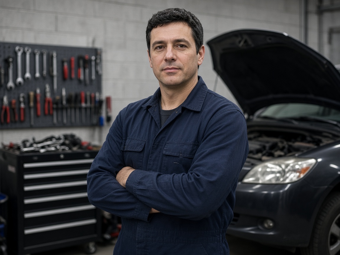 Automechanik v tmavě modrých pracovních overalech stojí v dílně autoservisu vedle vozu s otevřenou kapotou.