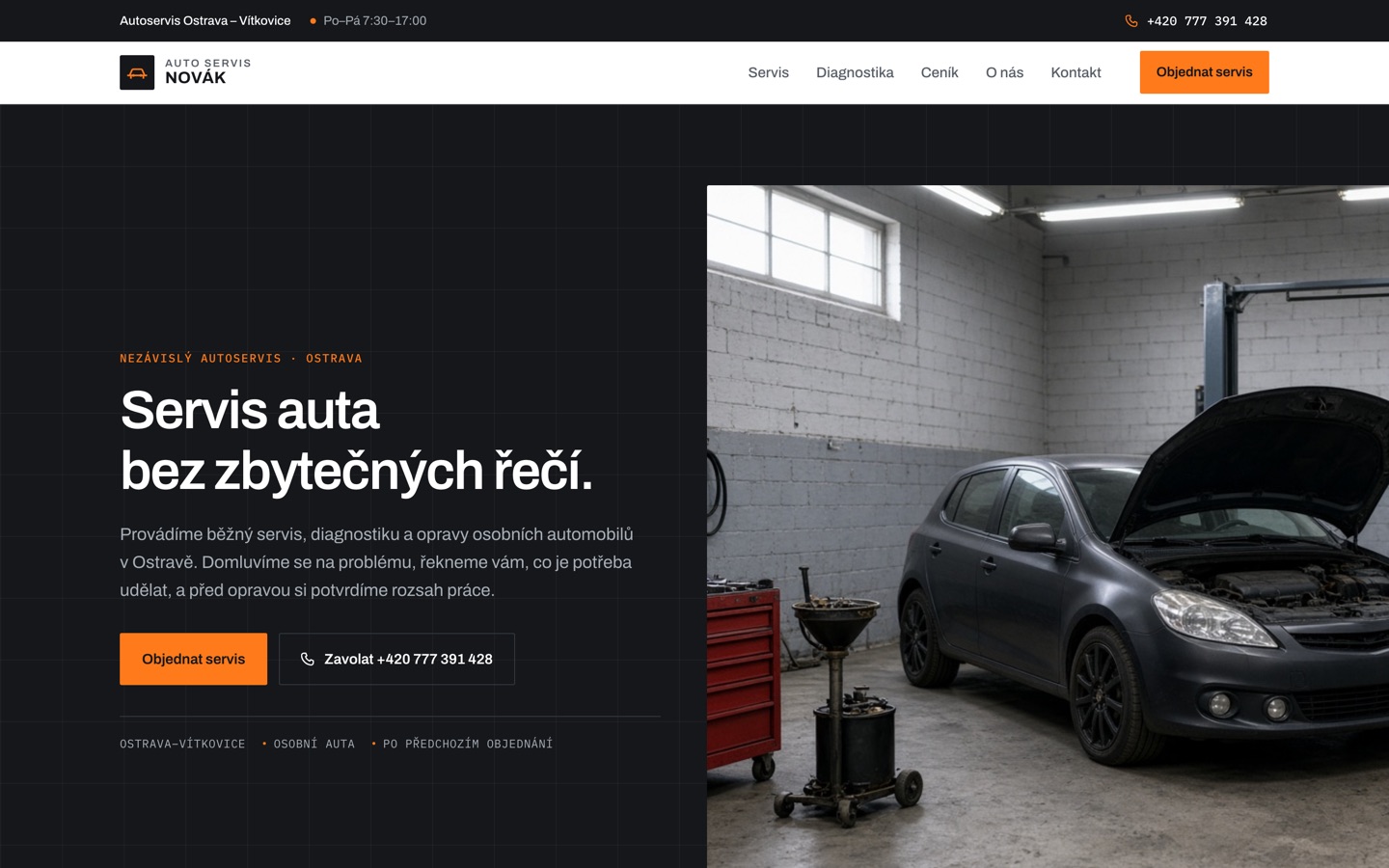 Náhled webu Auto Servis Novák: tmavý layout s nadpisem „Servis auta bez zbytečných řečí“ a fotkou vozu s otevřenou kapotou v dílně.