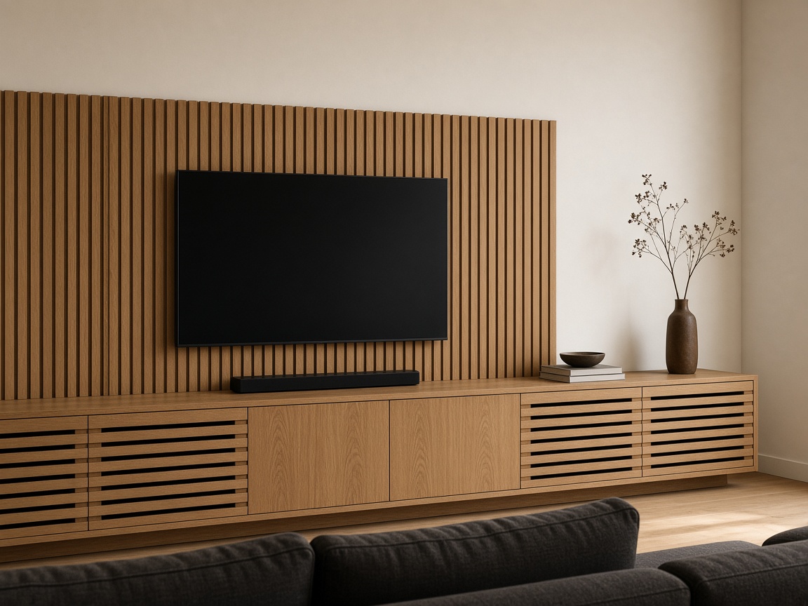 TV stěna z dubové dýhy s lamelovým obkladem a nízkou skříňkou přes celou šířku.